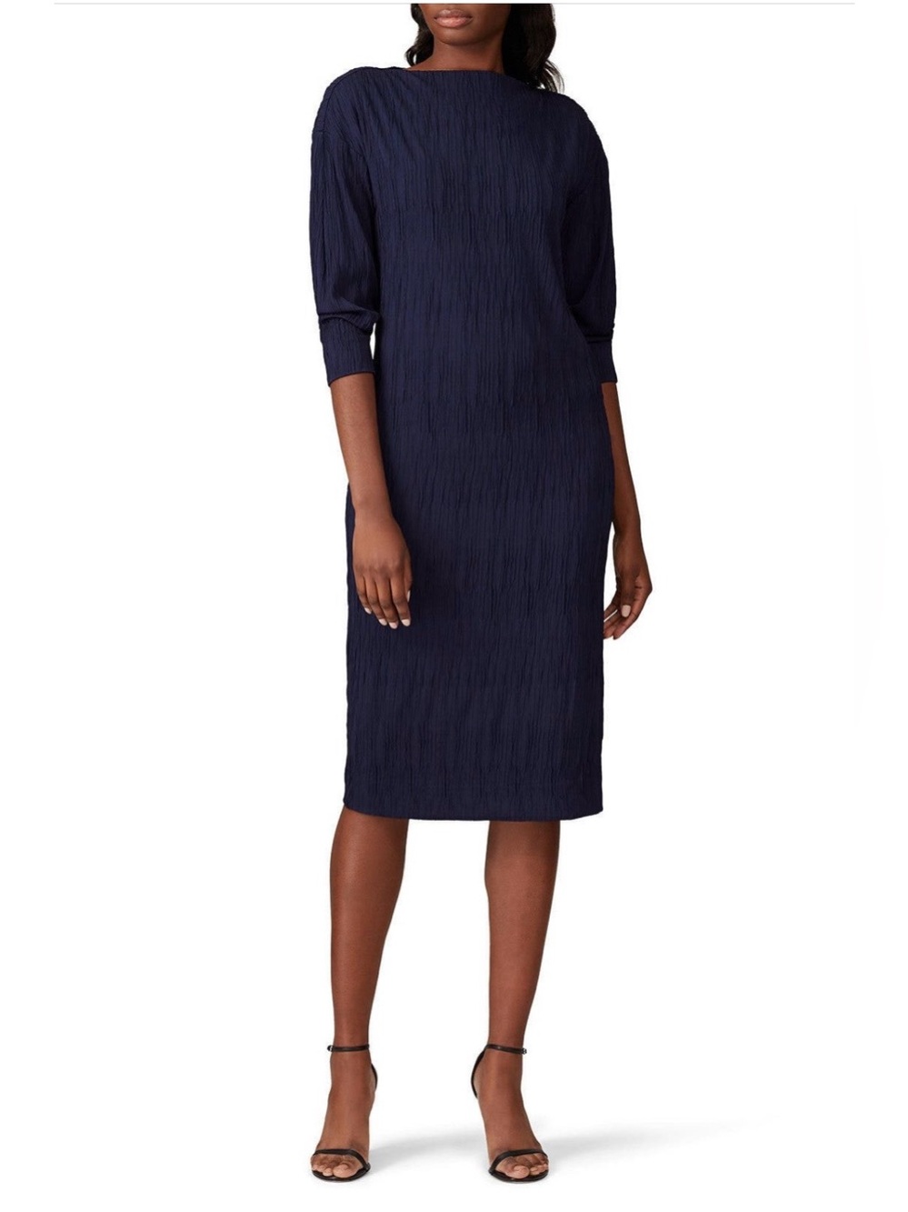 MM Lafleur~Navy Textured Long Sleeve Boatneck Midi Oak Dress~Size X-Small~$295~
